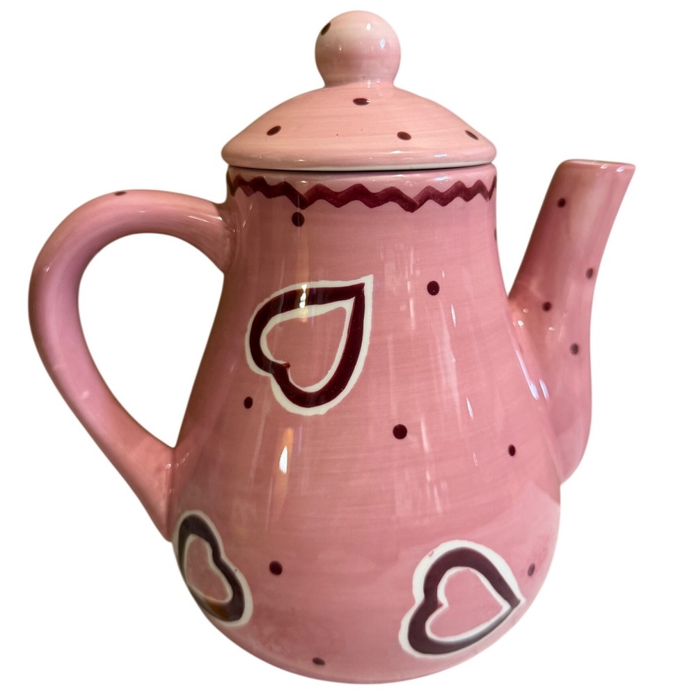 Laurie Gates Pink Heart Polka Dot Ceramic Teapot with Lid Hand Painted